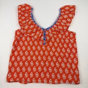 J.Crew Floral Ruffle V-Neck Top Red Orange Sleeveless Blouse Summer Small EUC